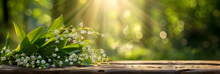 Zelfklevend Fotobehang Fresh lily of the valley flowers on rustic wood, with a bright, blurred green background copy space wooden table top spring mood © Prasanth