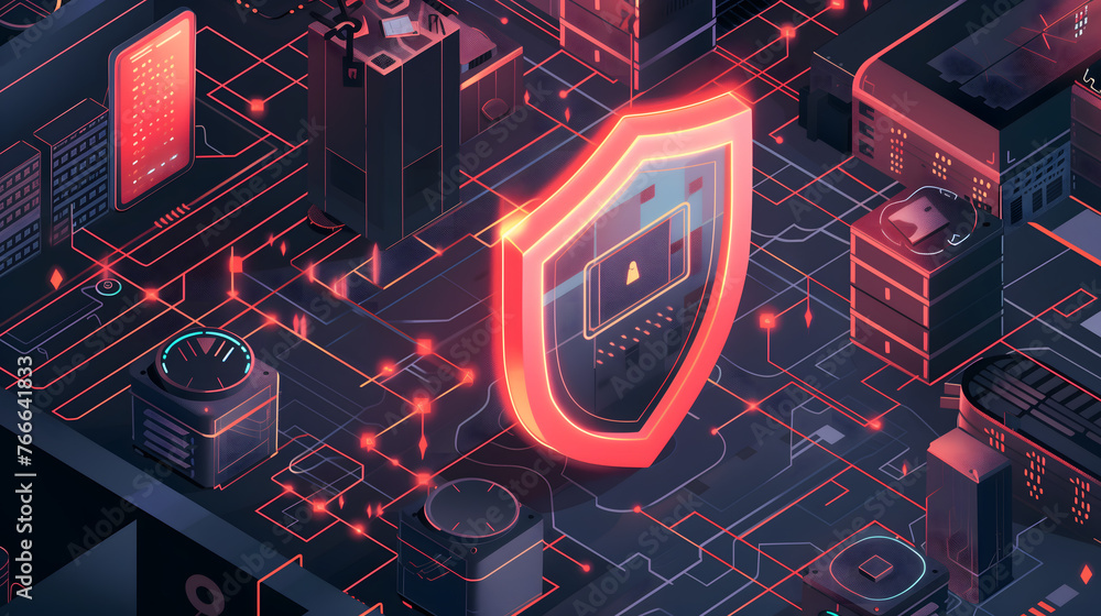 Poster a neon-lit, technologically advanced network with a glowing shield emblem, symbolizing the intricate