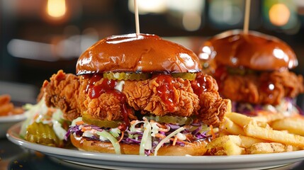 A tempting display of crispy fried chicken sandwiches served on toasted brioche buns with creamy...