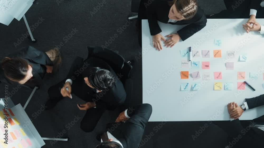 Poster top down aerial view of professional business team present project and turn around to clap hands and