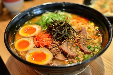 Japanese ramen with a rich and savory broth, noodle dish pleases palates.
