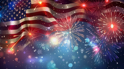 American flag background for Independence Day, 4th of July celebration, stars, stripes and fireworks - obrazy, fototapety, plakaty