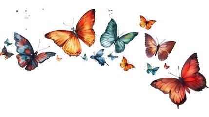 A vibrant collection of butterflies in mid-flight against a white background, perfect for a serene and natural design element. 