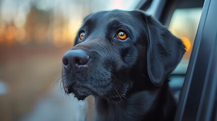 A close-up of a black Labrador retriever looking out from a car window during sunset 