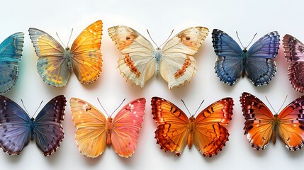 A vibrant collection of various butterfly specimens neatly arranged in a row against a white...