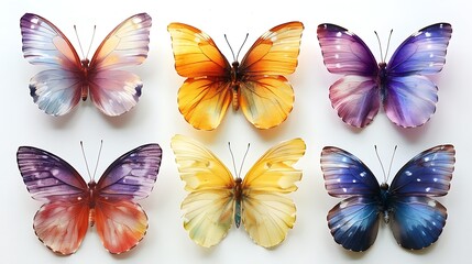Colorful butterfly models arranged in a symmetrical pattern on a white background. 