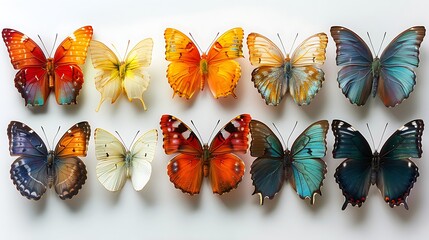 A collection of colorful butterfly specimens displayed symmetrically on a white background.