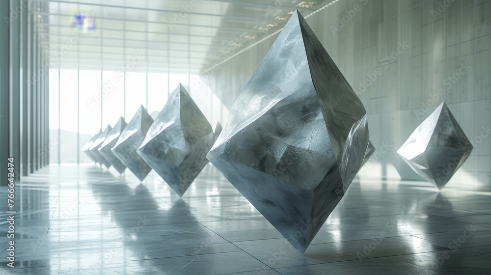 Poster ethereal visual of sleek metallic polyhedrons levitating in a minimalist white hall, representing co