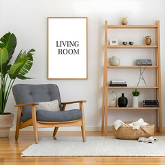 Modern composition of cozy living room interior with mock up poster frame, stylish armchair, wooden coffee table, ladder, carpet, vase with branch and personal accessories. Home decor. Template. 