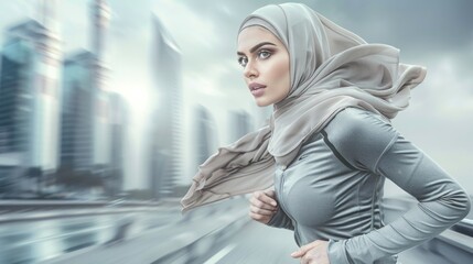 attractive woman in tracksuit running wearing turban or hijab head scarf for diversity and middle east healthy lifestyle concepts as wide banner with copy space area -
