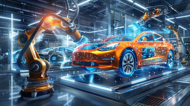 Automated robotics futuristic electric cars factory production line as wide banners with statistics of production and efficiency as wide banner with copy space area