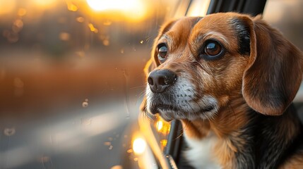 A thoughtful beagle dog gazes out of a car window during a golden sunset, evoking a sense of contemplation and wanderlust.  - obrazy, fototapety, plakaty