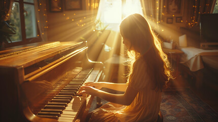 Jeune fille joue du piano, effet de lumière, enfant, apprentissage, jouer de la musique - obrazy, fototapety, plakaty