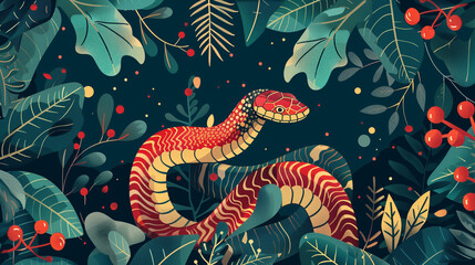 Illustration of a snake in asian style on Christmas or new year background, 2025 symbol. 