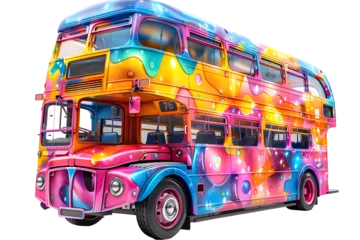 Aluminium Prints Cartoon cars An animated 3D cartoon render of a vibrant double-decker bus filled with happy passengers.