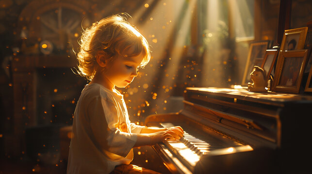 Jeune garçon joue du piano, effet de lumière, enfant, apprentissage, jouer de la musique