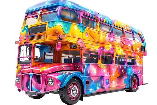 An animated 3D cartoon render of a vibrant double-decker bus filled with happy passengers.