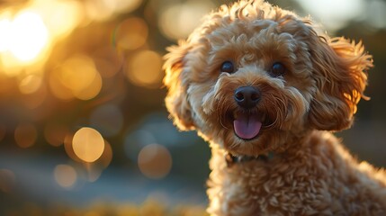 A joyful poodle mix dog enjoying a warm sunset with a happy expression and tongue out.  - Powered by Adobe