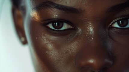 Close-up portrait of a person with glistening skin and captivating eyes, conveying a sense of beauty and intensity. 