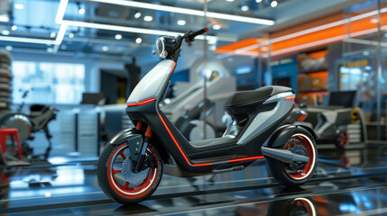 3D model of an innovative e-scooter with foldable design and solar charging capabilities displayed in a high-tech showroom setting - obrazy, fototapety, plakaty