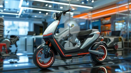 Fototapeten 3D model of an innovative e-scooter with foldable design and solar charging capabilities displayed in a high-tech showroom setting © JR-50