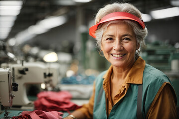 Joyful senior seamstress with fabric at her workshop. - obrazy, fototapety, plakaty