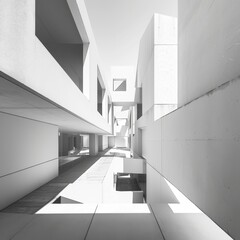 Obraz premium A monochrome architectural abstract, showcasing a complex of geometric forms and interlocking spaces in a minimalist white setting.