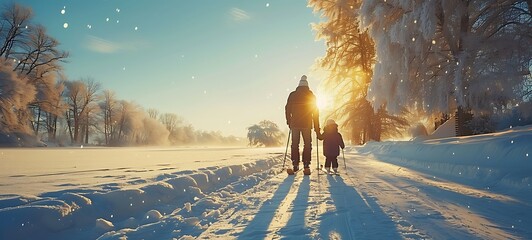 A family takes a scenic walk down a snow-covered path surrounded by winter trees under a warm golden sunrise light. 