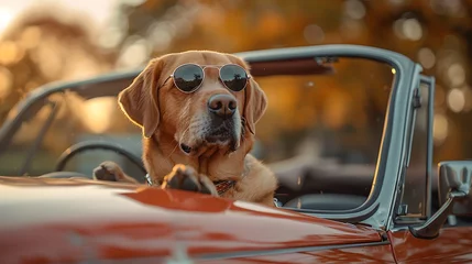 Papier Peint photo Lavable Voitures anciennes Confident dog wearing sunglasses driving a vintage convertible car at sunset 