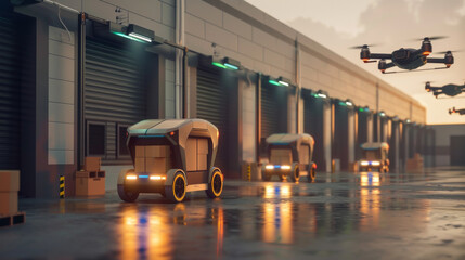Realistic image of an autonomous delivery vehicle fleet outside a warehouse illustrating the shift in logistics and supply chain management - obrazy, fototapety, plakaty