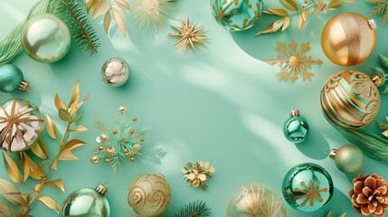 Christmas and new year holiday background in mint green and gold tones. Space for writing, ornaments, stars and sunlight.