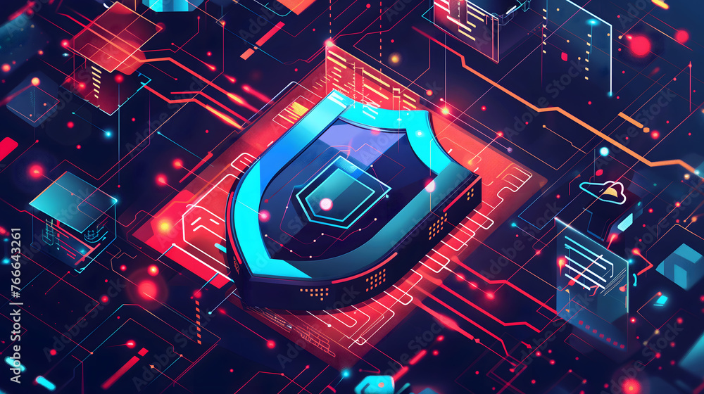 Poster neon-lit cybernetic core, symbolizing the intricate, powerful cybersecurity technology, emphasizing 