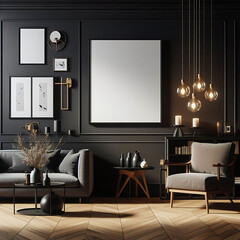 Elegant Interior Design: A Harmonious Blend of Modern Furniture and Classic Dark Wall Tones Illuminated by Stylish Lighting