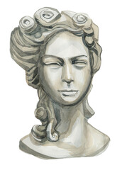 Statue of a woman isolated on white. Watercolor ancient scupture artwork.
