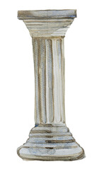 Ancient column isolated on a white background. Watercolor roman architecture concept artwork.