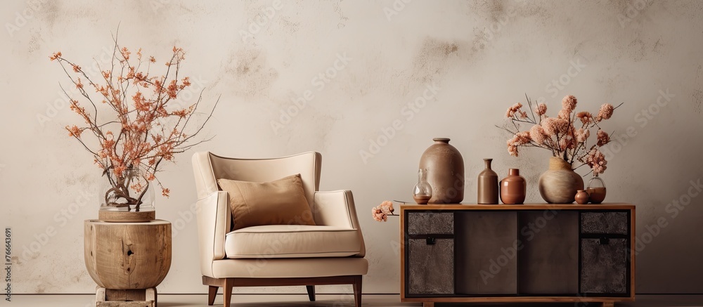 Poster a close-up image focusing on a chair and a table adorned with vases placed on it