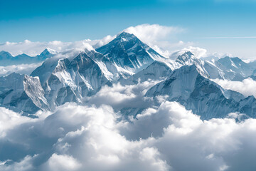Mount Everest with Snow Covered Peak and Thick Stratus Clouds - obrazy, fototapety, plakaty