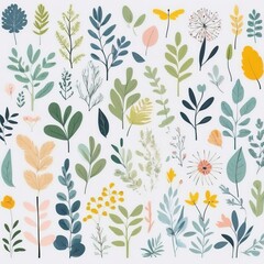 Fototapeta premium A collection of seamless pattern, colorful abstract plants and flowers. Hand drawn Collection of leaves and flowers. A close up of a pattern of flowers and leaves. 