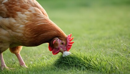 A Hen With Her Beak Picking At A Clump Of Grass