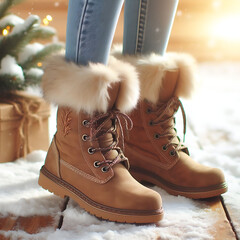 A Cozy Winter Scene Featuring Stylish Fur-Trimmed Boots Amidst a Snowy Backdrop with Glimmering Holiday Lights