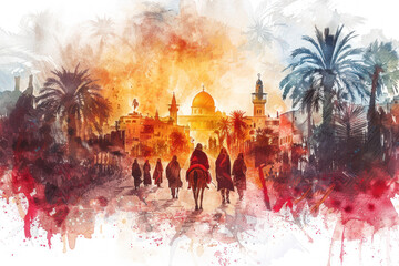 Red watercolor of Jesus riding a donkey to Jerusalem, palm sunday
