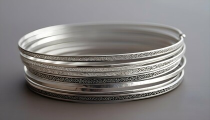 A Stack Of Slim Silver Bangles Engraved With Intri
