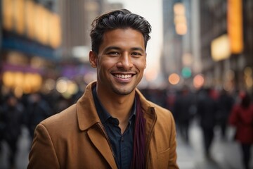 Smiling young man in a stylish coat on a busy city street.