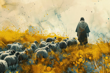 Yellow splash watercolor painting of Jesus Christ grazing sheep - obrazy, fototapety, plakaty