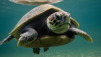 A Turtle With Its Mouth Closed Swimming Silently