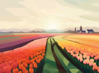  Painting of a vibrant flower field with a cozy cottage in the distance. Ideal for idyllic or rural landscapes © Viktoriia