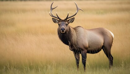 An Elk Standing In A Field Of Tall Grass Blending