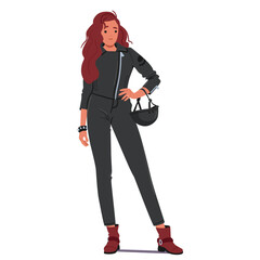 Biker Woman Subculture Embodies Empowerment, Freedom, And Rebellion. Female Rider Character in Black Leather Clothes