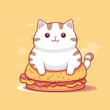 Cute fat cat sit on hamburger.Animal character deig