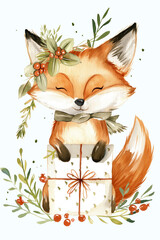 Watercolor Birthday greeting card. Fox and gift box